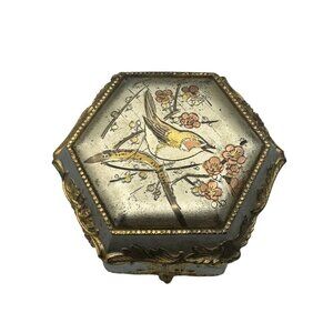 Vintage Jewelry Trinket Box With Bird & Floral Design Metal Velvet Interior
